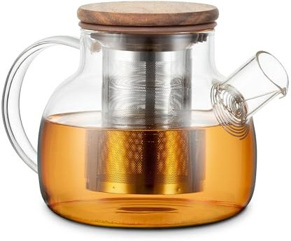 Teekanne aus Glas mit Holzdeckel & Edelstahlfilter 0,75L – hitzebeständige Glasteekanne aus Borosilikatglas für losen Tee, spülmaschienenfest für 4–6 Tassen, Teekrug klein aus Glas mit Sieb