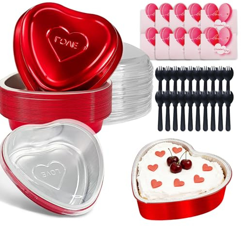 20 Pcs 22oz Heart Shaped Cake Pans with Lids +20 Forks/Spoons +10 Cards, Disposable Aluminum Foil Cupcake Pans, Mini Heart Baking Tins, Baking Supplies for Weddings/Birthdays