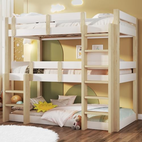 Cayipng Litera 90 x 190 cm, Cama Infantil 90 x 190 cm, Cama Triple Loft para niños, Adolescentes y Adultos, Blanco + Natural
