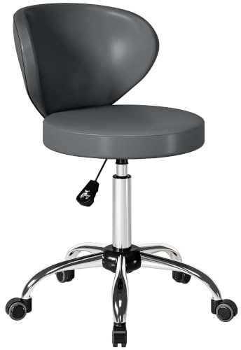 HOMCOM Tabouret à roulettes, Hauteur Réglable 73-88cm Dossier Gris | Tabouret de Massage en PU, Chaise de Travail Pivotant 360°, Cadre en Acier, pour Salon de Massage, Tatouage, Clinique, Spa