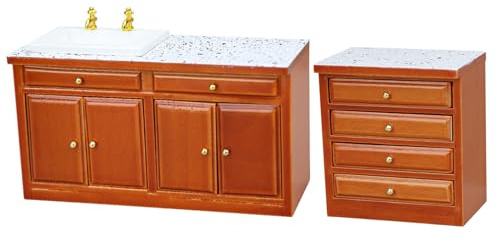 Monwssoe Dollhouse Kitchen Furniture Set, Vintage Style 1/12 Scale Miniature Cabinet with Sink & Drawer, Functional Brown Wood Doll House Furniture for Miniature Displays