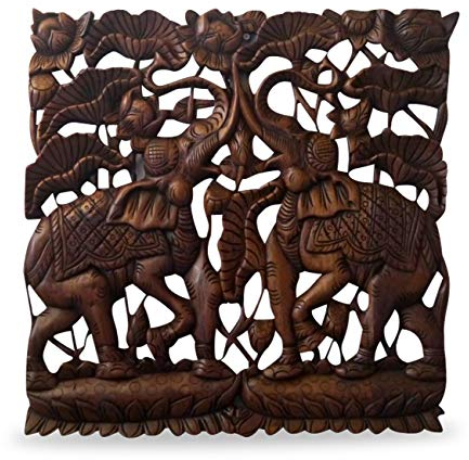 livasia Elefantenrelief, Holzrelief mit Elefanten, Wandrelief, Elefanten Wandbild (Handarbeit)