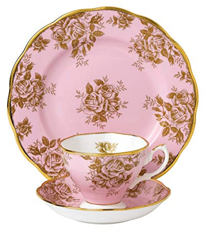 Royal Albert 100 Years 40017590 1960 Tasse à thé, Soucoupe, Assiette 20 cm, 3 pièces, Service en Porcelaine osseuse, Rose, Chine