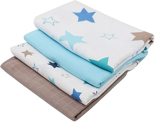 ZOLLNER 4er Set Musselin Spucktücher in 120x120 cm aus Baumwolle - hautfreundliche Mulltücher - besonders weich und extrem saugstark - waschbar bis 60°C - in weiß blau braun