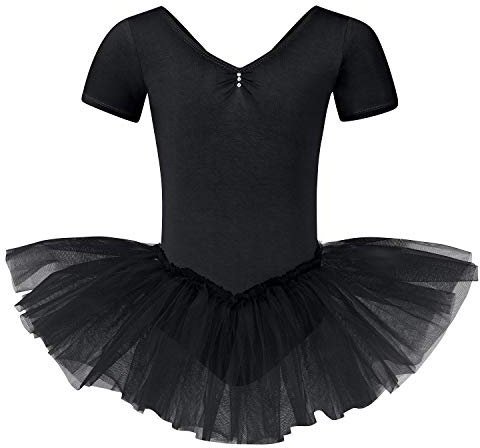 tanzmuster ® Ballettkleid Mädchen Tutu - Nele- aus weichem Baumwollstoff mit Glitzersteinen fürs Kinder Ballett Ballettbody Ballett Trikot, Schwarz 164-170