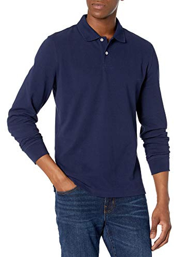 Amazon Essentials Polo in piqué a Maniche Lunghe vestibilità Aderente Uomo, Blu Marino, M