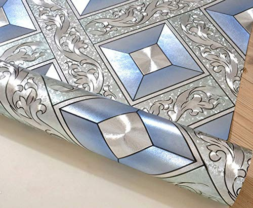 MEAIHOME Modern Minimalist Silver Foil Grid Flicker Thick Waterproof Wall Paper/Hotel Ceiling/Decorative/Bar/TV Background Wallpaper Roll Silver Blue Non-Pasted 1.73' W x 32.8' L