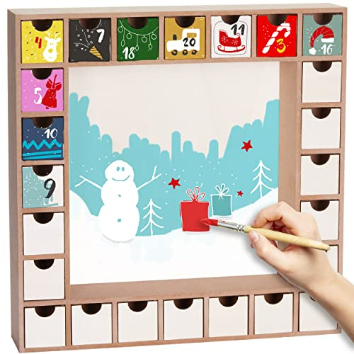 BRUBAKER Återanvändbar Adventskalender att Fylla med 24 Lådor - DIY Julkalender att Måla, Pyssla och Skapa Din Egen - Tom - 33 cm Höjd