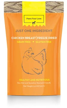 PawsFourLove Organic Freeze Dried Dog & Cat Treats - Single Ingredient, Grain Free Food Toppers for Healthy Pets, No Fillers or Preservatives (Pack of 1, Chicken)