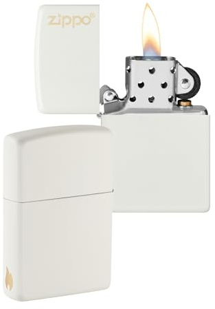 Zippo Stormtändare – Vit matt med logotyp, och graverad flamma på sidan, påfyllningsbar, återanvändbar, vindskyddad, presentförpackning, tillverkad i USA – Amazon Exclusive