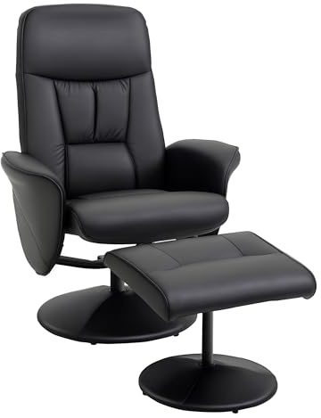 HOMCOM Sillón de Salón con Otomana Reposapiés Tapizado en PU Sillón Relax Reclinable hasta 145° y Giratorio 360° con Respaldo Ajustable para Salón Dormitorio Oficina 76x81x101 cm Negro