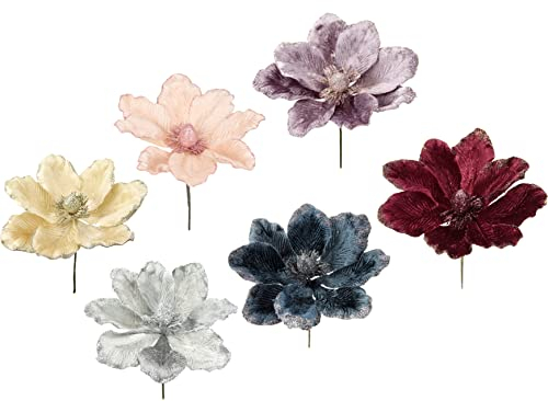 Flair Flower Magnolie Samt beglittert Weihnachtsblume Weihnachtsbaum Kränze Weihnachtsdeko Blumensträuße Blumenarrangement Gesteck,021176VAR,Creme,Rosa,Altrosa,Silber,Blau,Dunkelrot,19x18x18 cm