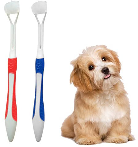 2 Stück Zähne Putzen Hund, Hundezahnbürste, Katzenzahnbürsten, Hundezahnbürste für Haustierzahnpflege, Dreifach Kopf Zahnbürste, Für Einfache Mundpflege (Rot und Blau)