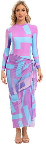 Odizli Burkini Musulman Tie Dye Imprimé Body à manches longues + maillot de bain + jupe portefeuille Sarong Maillot de bain mode, rose et bleu - 4 pièces, M