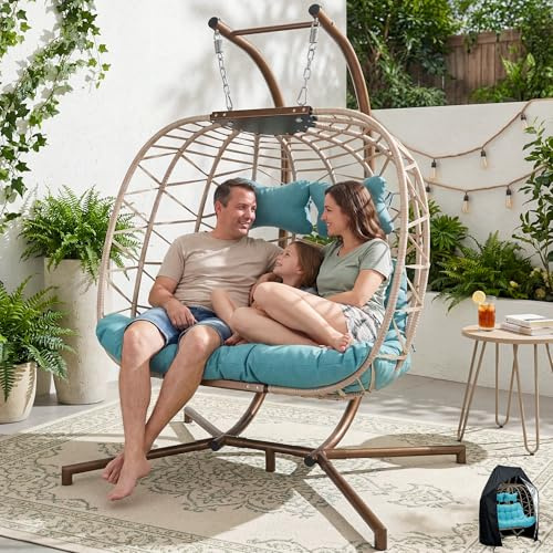 NICESOUL Double Egg Chair Outdoor Indoor, Oversized Swing w/Stand for 2, All-Weather Rattan Hanging Loveseat Comfy, 700 LBS Patio Swinging Seat w/Cushion & Cover for Living Room, Porch, Beige & Teal