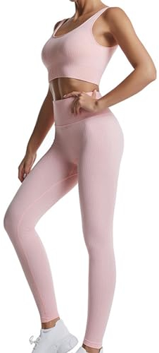 dohomiryo Ensemble De Vêtements De Sport Femme 2 Pièces Survêtements Ensembles Soutien-Gorge Sport Legging de Yoga Sportswear Fitness Ensembles D'entraînement Tenues de Sport Rose S