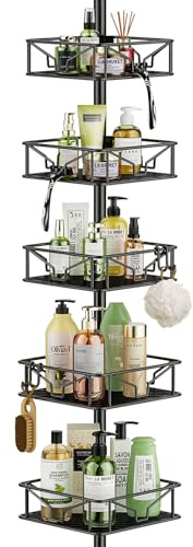Mutool Adjustable Shower Shelf, Telescopic Shower Caddy with Hooks, No Drilling Corner Shelf with 5 Trays, Rustproof Bathroom Organizer from 157 to 294 CM, Black