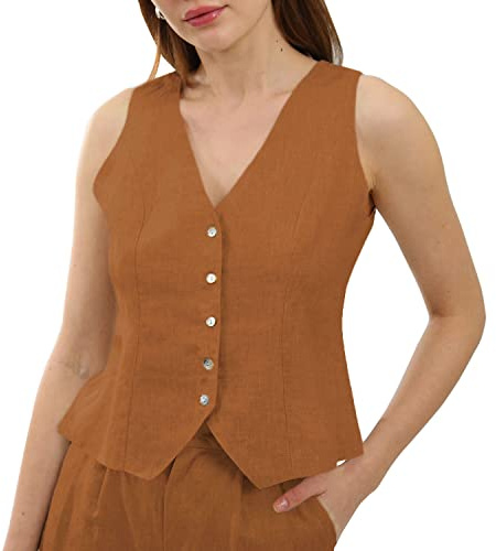 Amazhiyu Chaleco de traje para mujer, de lino, sin mangas, cuello de pico, corto, con botones, ajuste estrecho, correas ajustables