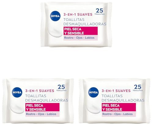 NIVEA Toallitas Desmaquilladoras Suaves (1 x 25 ud), toallitas desmaquillantes para piel seca y sensible, toallitas húmedas para rostro, ojos, labios y cuello (Paquete de 3)