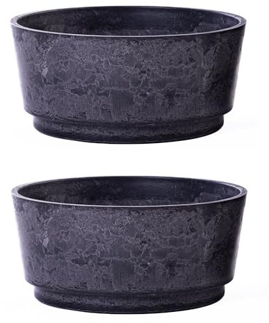 Caesar Marble Effect Charcoal Bowl Planter Durable UV Frost Resistant Lightweight Indoor Outdoor Pot with Realistic Marble Finish Recycled Plastic Garden Decoration (46cm Planter x2)