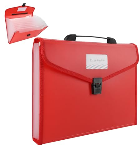 A4 File Organiser Box Files Folder with Handle,13 Pockets Portable Document Folders for Paperwork,Concertina File Expanding Filing Box Paper Organiser for Office School Home with Tabs (Red)