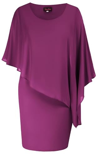 Hanna Nikole Robe de cocktail en mousseline pour femme - Grande taille - Cape - Longueur genou - Robe de soirée avec superposition, Rose violet., 52 grande taille