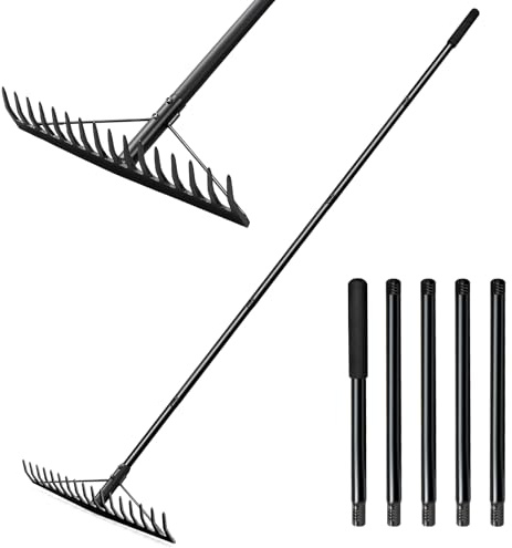 Ezkamfort 183cm Heavy Duty Garden Rake with Stainless Steel Handle, 17 Steel Tines Metal Dual-Head Garden Rakes Tool, for Loosening Soil Gathering Leaf Leveling Lawn Farming Land Yard Thatch Rake