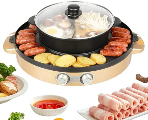 Elektrisk Hot Pot 2200W, 2 i 1 BBQ-grillplatta med non-stick beläggning, Bärbar bordsgrill Hotpot-gryta med lock, Rund elektrisk avtagbar gryta för barbecue och hotpot