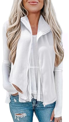 EFFAN Chaleco de forro polar para mujer, chaqueta suave sin mangas, chaleco con bolsillos con cremallera para primavera y otoño, blanco, L