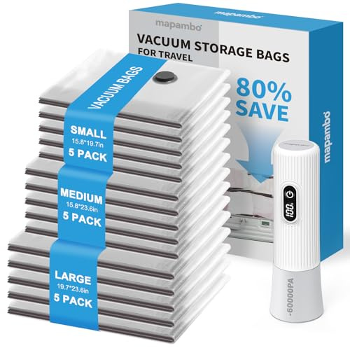 Mapambo Travel Vacuum Bags with -60000Pa LED Electric Pump, 15 Pack Vacuum Seal Bags for Clothing Travel in 3 Combo sizes, Space Saver Vacuum Storage Bags, Saving up to 80% of Space (15 Combo Size)