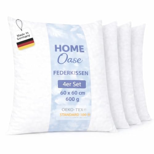 Home Oase Federkissen 60x60 cm (4er Set) - Kopfkissen mit 100% Federfüllung und Bezug aus Bauwmolle, Oeko-Tex Zertifiziert, perfekt für Allergiker und Kinder, 1200 g Füllung