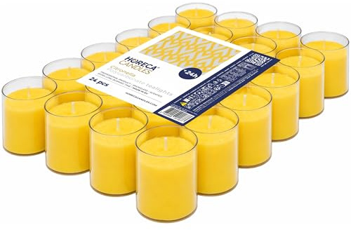 Horeca Candles - Candele Tealight alla Citronella - Set da 24 Candele Profumate - Durata di Combustione 24 Ore - Lumini da Esterno, Balcone, Picnic, Campeggio