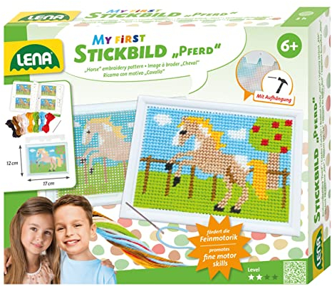 Lena 42625 - Bastelset Stickbild Pferd, Komplettset mit Stickrahmen, stumpfer Nadel aus Metall, Wollgarn, Stickgitter mit Vordruck und Anleitung, für Kinder ab 6 Jahre, Set zum Sticken lernen, bunt