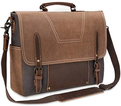 NEWHEY Umhängetasche Herren Aktentasche laptoptasche Leder Wasserdichte Canvas Messenger Bag Arbeitstasche Groß Vintage Schultertasche Notebooktasche 15.6 Zoll Braun
