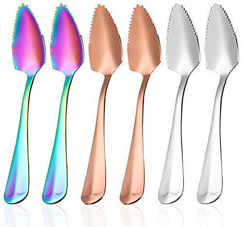 maxin Lot de 6 cuillères dentelées en acier inoxydable pour agrumes, pastèque, kiwi, dessert (argent, doré, arc-en-ciel)