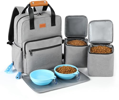Dog Travel Bag All-in-One Set: DELOMO 25L Airline Approved Dog Travel Backpack with 2 Food Containers + 2 Collapsible Bowls + 1 Waterproof Mat for Weekend to Week-Long Pet Travel, Camping, Road Trips