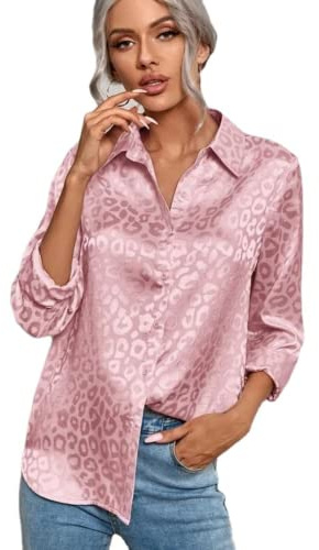 ZPLMIDE Camisa de seda de satén de imitación con cuello en V para mujer, cuello jacquard de leopardo, blusa holgada para oficina, tops casuales
