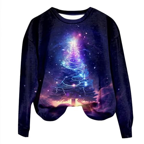 Sweatshirt Damen Große Größen Weihnachtsshirt Pulli Damen Übergroßer Hoodie Damen Weihnachtsbluse Damen Sweatshirt Damen Ohne Kapuze Weihnachts Hoodie Damen Shirt Weihnachten Damen(2-Purple,3XL)