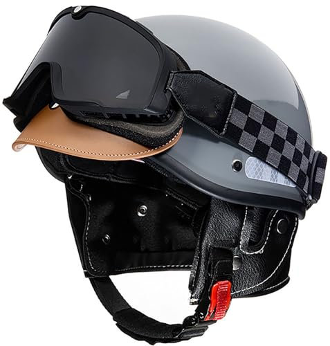 Retro Motorrad Halbschalenhelm, Motorradhelm Mit ECE-Zulassung Jethelme Mit Brille, Roller Cruiser Chopper Anti-Collision Helm, Jethelme, Scooter Helm Für Damen Herren Erwachsene 10,58-62cm