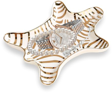 Smavles Plateau à Bijoux en Céramique, Plat à Bijoux Rectangulaire Doré pour Bagues, Colliers, Bracelets, Boucles d'oreilles et Montre