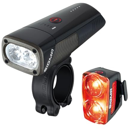 SIGMA BUSTER 1600 / RL 150 set : LED front and rear lights : 1600 lumens and 150 lumens : Battery-powered bicycle lights front and rear with six lighting modes, black/red