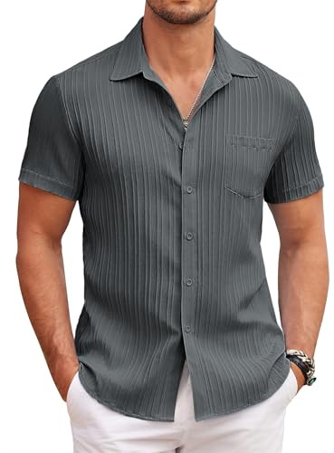 COOFANDY Vardaglig kortärmad skjorta för män sommar button-down texturerade skjortor normal passform strand enfärgad topp med ficka