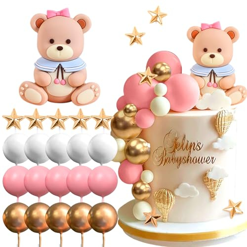 Roaring Good Time Decoración para tartas de oso rosa, bolas de oro rosa, decoración para tartas, decoración para tartas de cumpleaños
