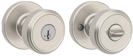 Kwikset Maven - Pomo de puerta de entrada con cerradura y llave, manija segura con llave exterior, entrada frontal y dormitorio, níquel satinado, resistente a las púas, seguridad SmartKey Rekey y