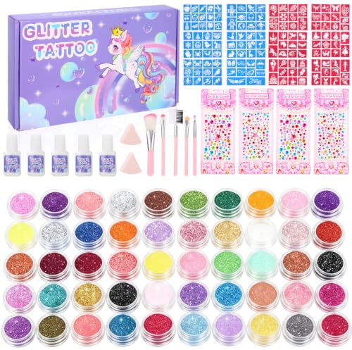 Ixydor Ensemble de tatouages temporaires pour enfants, 50 poudres pailletées, 139 pochoirs, 4 autocollants pailletés, 5 autocollants, 5 pinceaux, 2 chiffons de nettoyage, cadeau d'anniversaire,