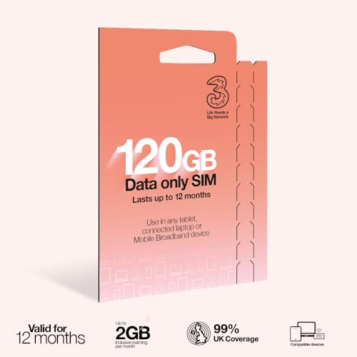 Three PAYG Mobile Broadband SIM, Pre-loaded with 120GB of Data that Lasts up to 12 Months