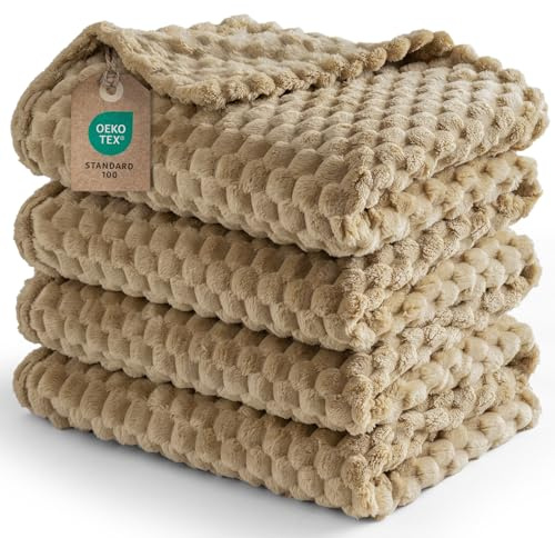 PHF Fleece Blanket King Size 229x229cm, No Shedding No Pilling Soft Lightweight 3D Jacquard Sherpa Fleece Throw Blanket for Bed, Fluffy Cozy All Season King Blanket, Jacquard Camel/Light Khaki