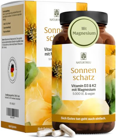 NATURTREU® Vitamin D3 + K2 Depot – 15 Monate Vorrat – 5000 IE Vitamin D3 – hochdosiert, ohne Zusätze - Hochdosierte Kapseln - 99,7+% All-Trans K2-MK7 ergänzt durch Magnesium
