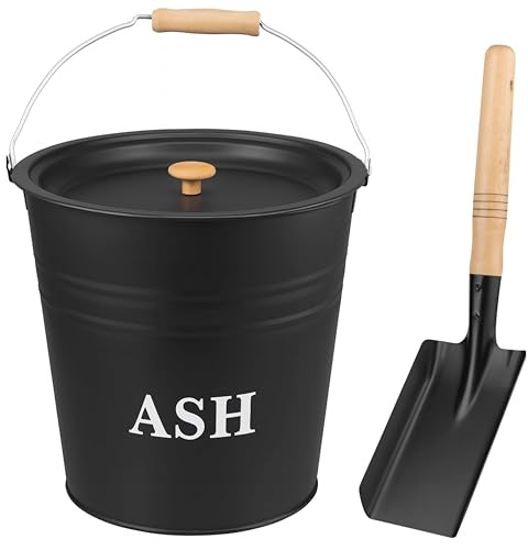ALAYSTAR Heavy Duty 12L Steel Ash Bucket with Lid & Wooden Handle and Shovel Galvanised Black Metal Coal Bucket for Fireplaces Fire Pits Wood Burning Stoves Charcoal Ash Storage Bin Indoor Outdoor Use
