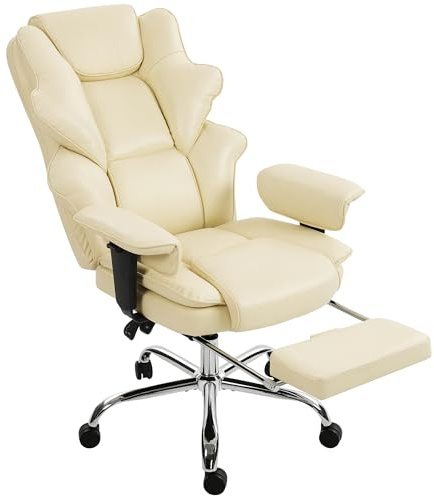 HOMCOM Sedia Ufficio Ergonomica con Poggiapiedi, Poltrona Direzionale Reclinabile in Pelle PU, Portata 180kg, Girevole, Schienale Alto, Braccioli Imbottiti Sollevabili, Altezza Regolabile, Crema